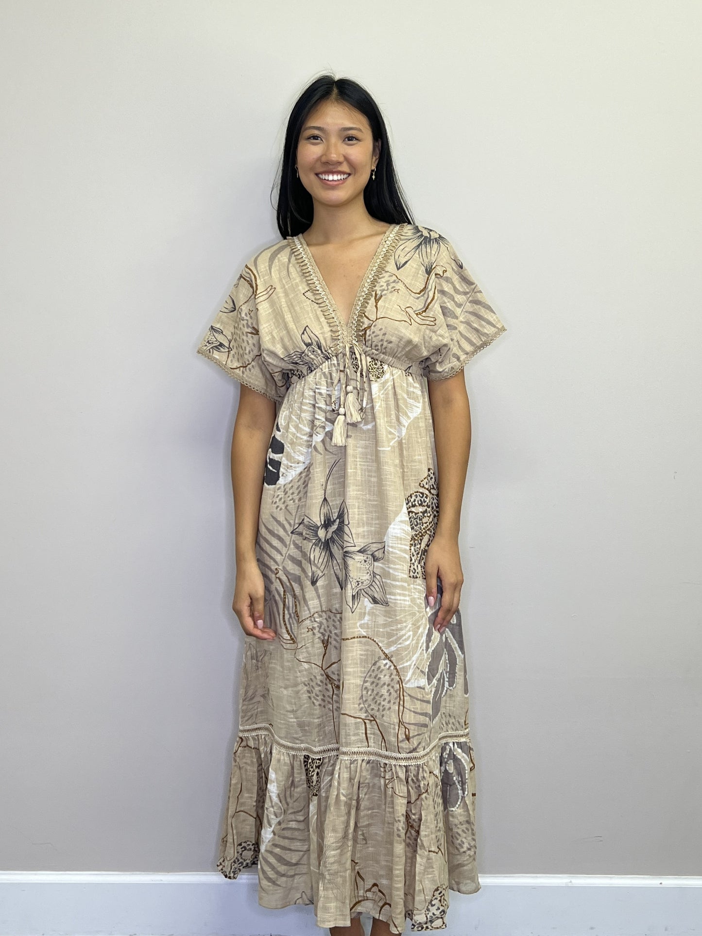 PD18636 BEIGE Mixed Print Cotton V Neck Maxi Dress