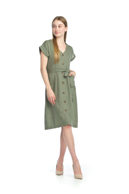 PD07523 KHAKI LinenBlend Dress with Pockets