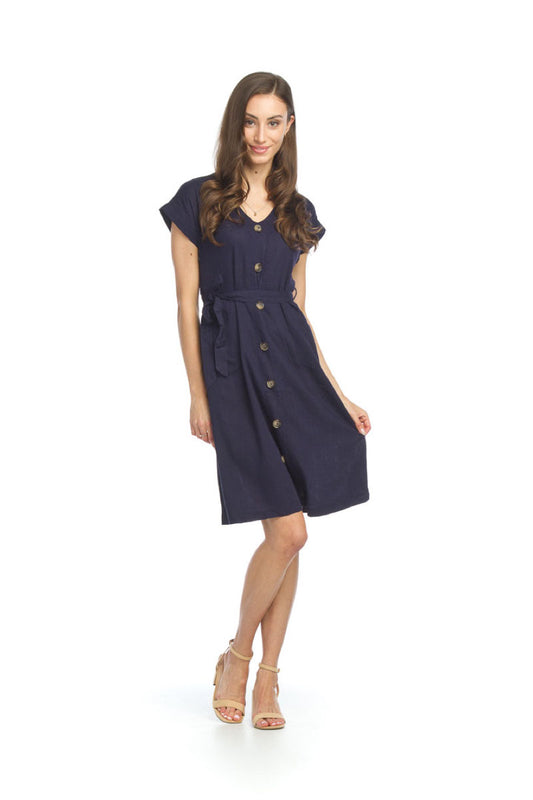 PD07523 NAVY LinenBlend Dress with Pockets