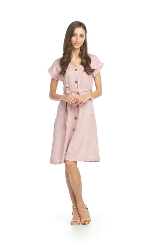 PD07523 PINK LinenBlend Dress with Pockets