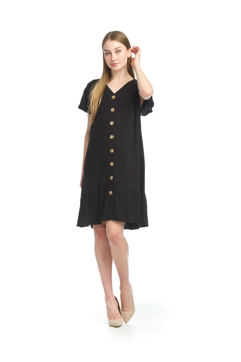 PD07620 BLACK Cotton Blend Short Sleeve Button Front Dress