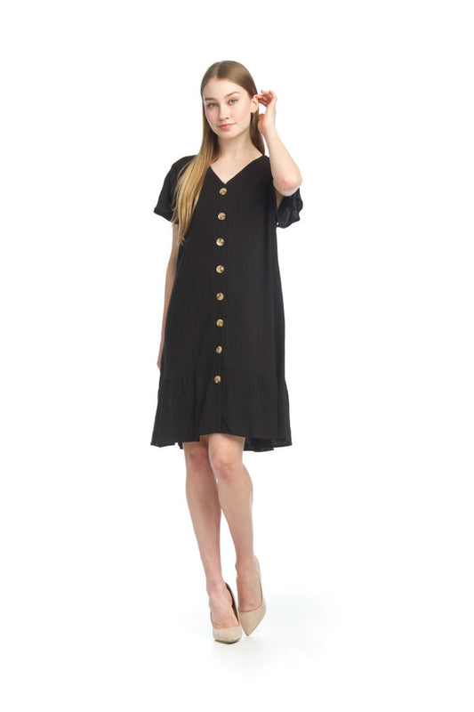 PD07620 BLACK Cotton Blend Short Sleeve Button Front Dress