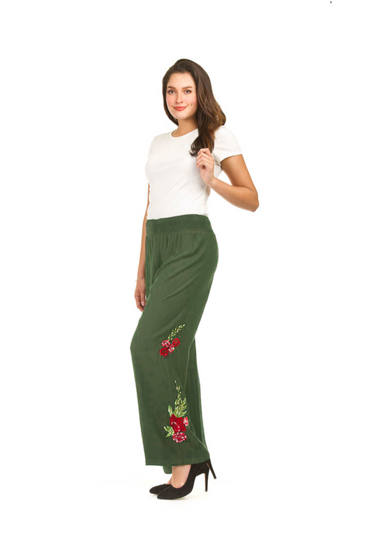 PP01801 KHAKI Floral Embroidered Wide Leg Pant