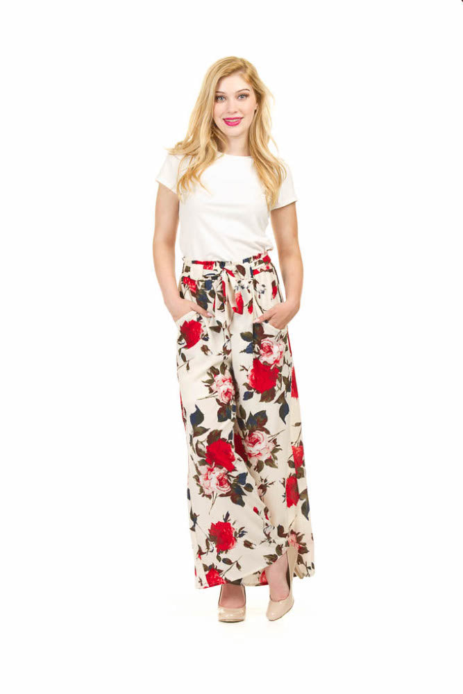 PP01803 CREAM Rose floral Print Wide Leg Paperbag Waist