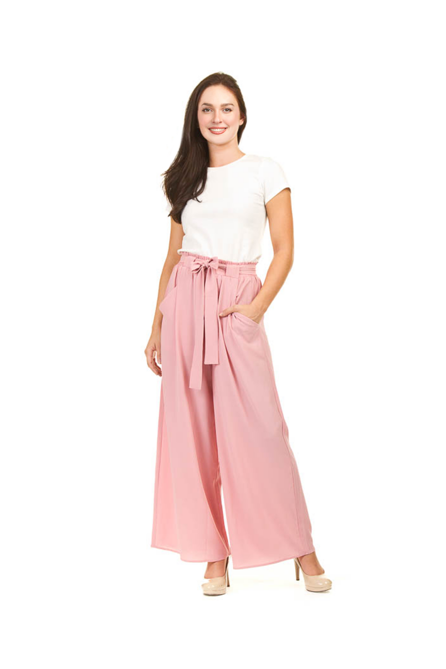 PP01804 ROSE Solid Crepe Wide Leg Paperbag Waist Pant