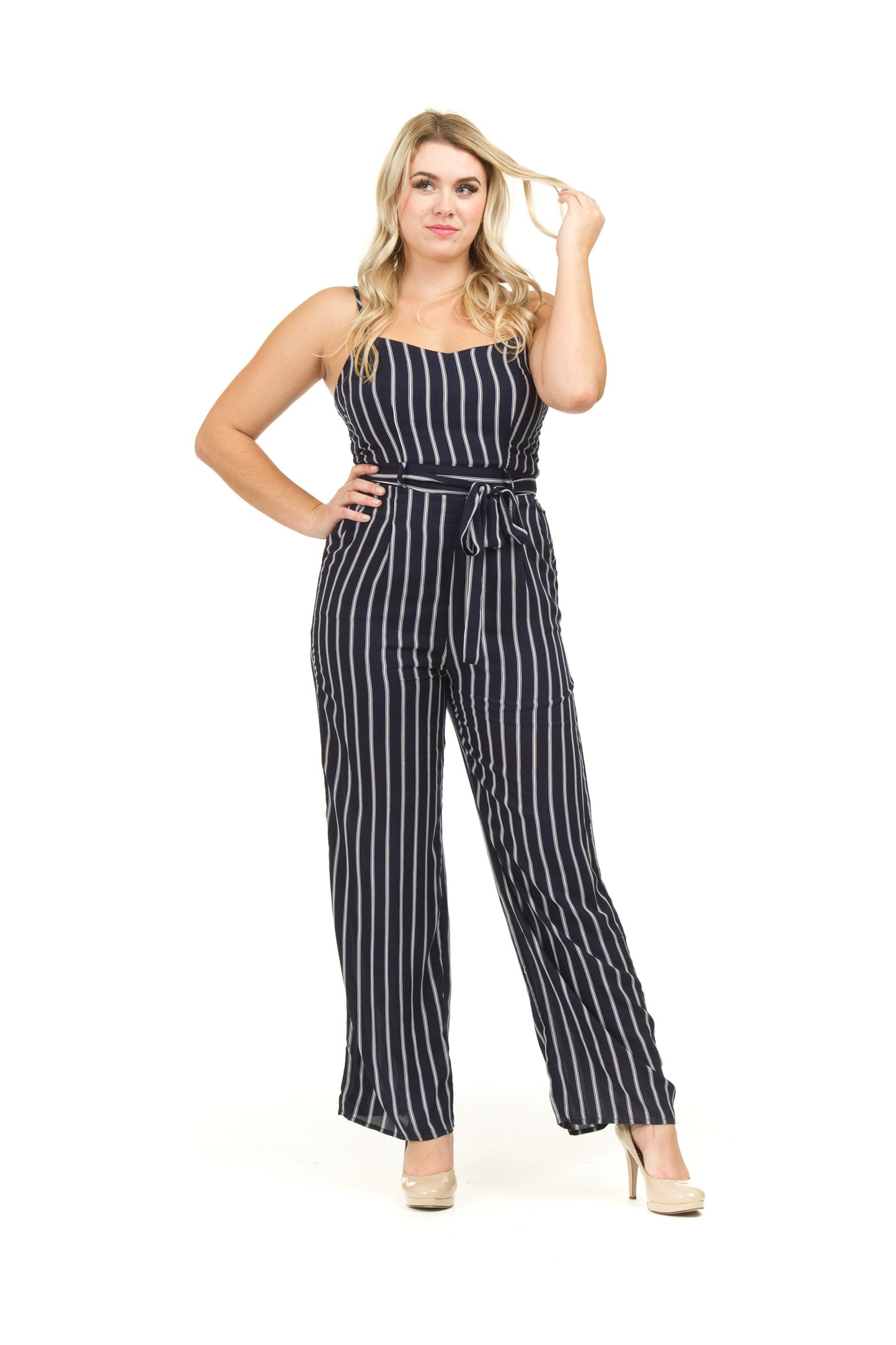 PP03808 NAVYW Stripe Slip Jumpsuit