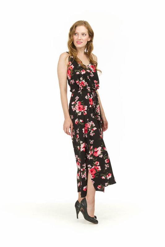 PP03822 BLACK Floral Wrap Style Jumpsuit