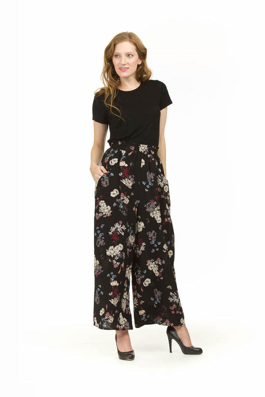 PP03823 BLACK Floral Wide Leg Pants