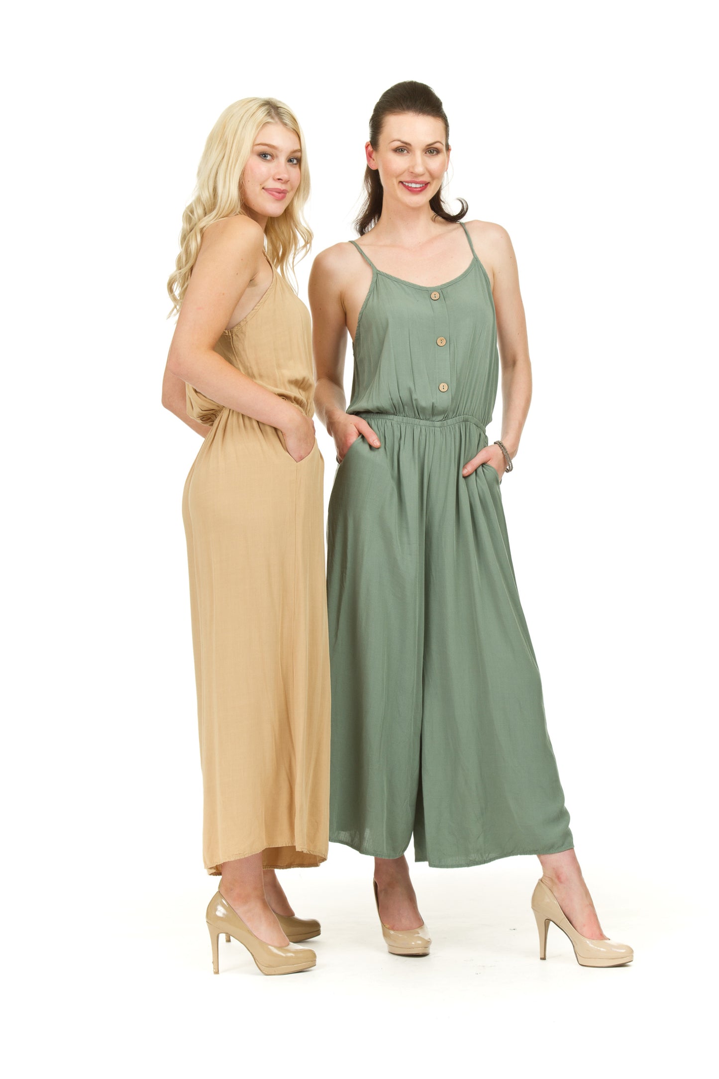 PP03832 OLIVE Wide Leg Crop Jumpsuit with Button Detail