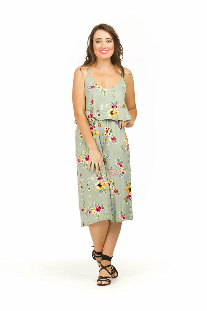 PP03837 SAGE Floral Print Jersey Jumpsuit with Layered Top