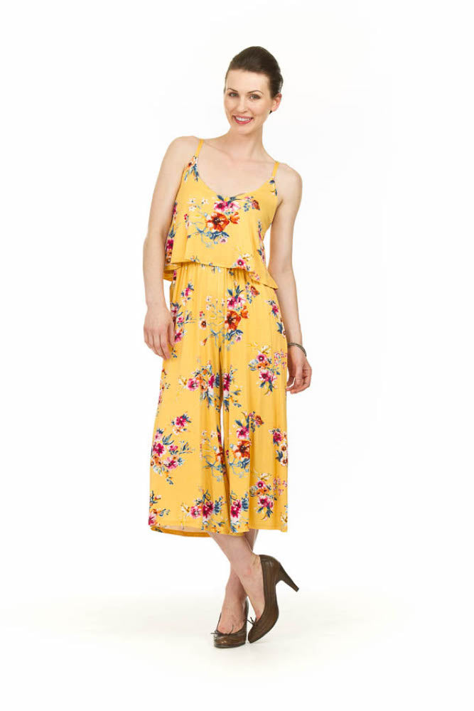 PP03837 YELLO Floral Print Jersey Jumpsuit with Layered Top