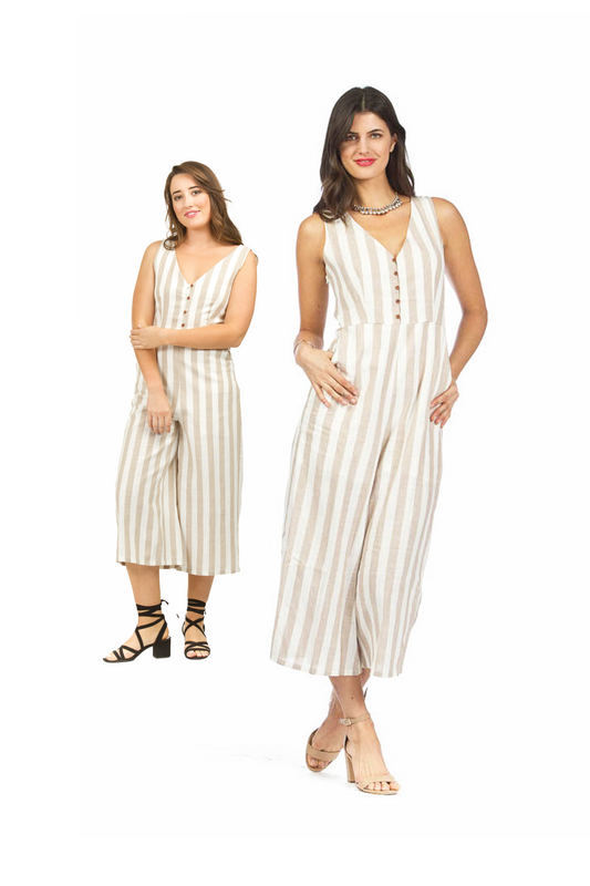 PP03848 BEIGE Stripe Pinafore Style Jumpsuit