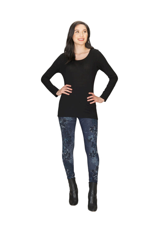 PP04812 DENIM Jeans Print Fleece Leggings with Floral Print