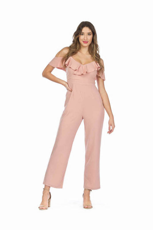 PP05809 BLUSH Sleeveless Cold Shoulder Jumpsuit w Ruffl Dtl