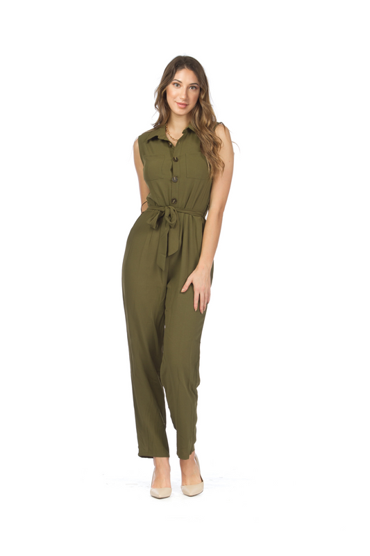 PP05845 KHAKI Button Front Jumpsuit