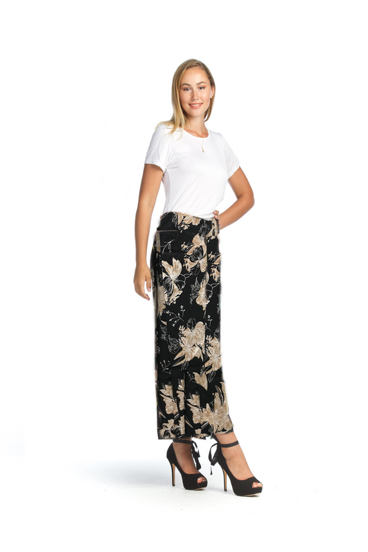 PP07810 BLACK Floral Pant with Split Sides & Elastic Back