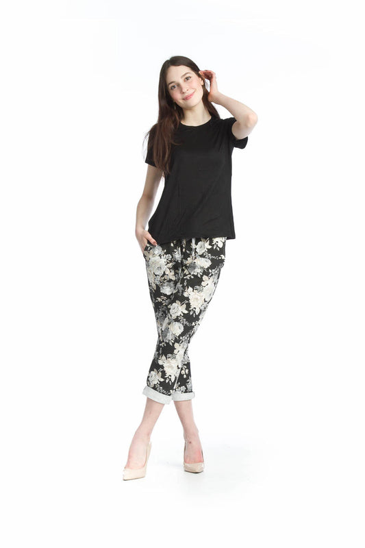 PP14803 BLACK Floral Stretch Cotton Blend Pants