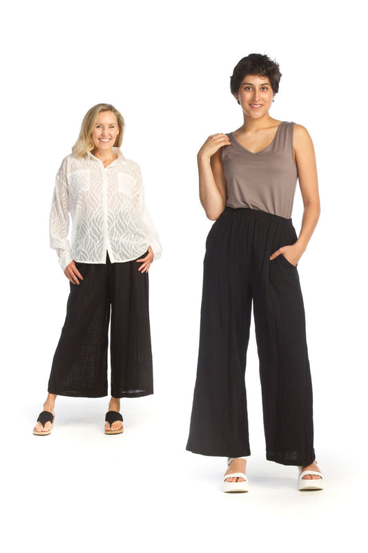 PP14814 BLACK Linen Wide Leg Pants with Elastic Waist