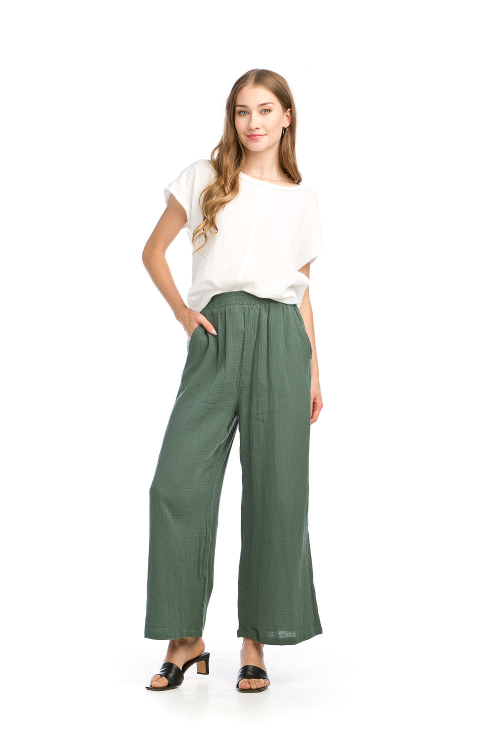 PP14826 GREEN Cotton Gauge Wide Leg Pants w Pkts & Elastic Back