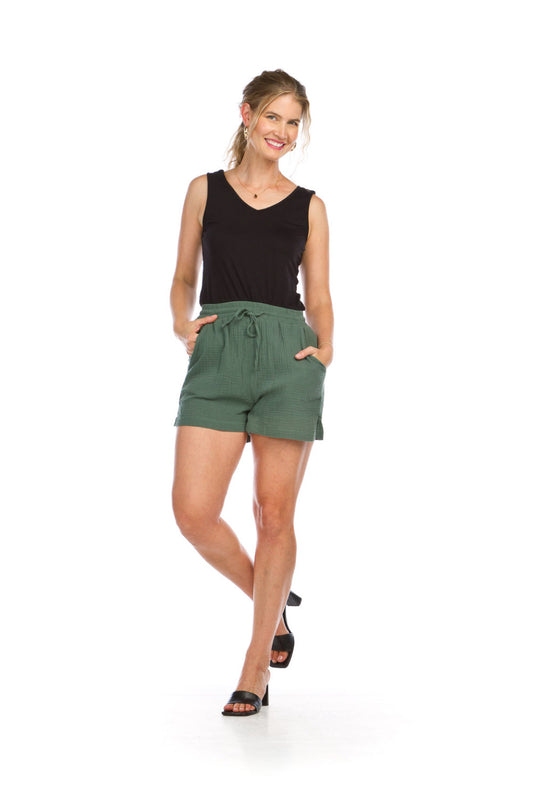 PP14827 GREEN Cotton Gauge Shorts with Pockets & Elastic Waist