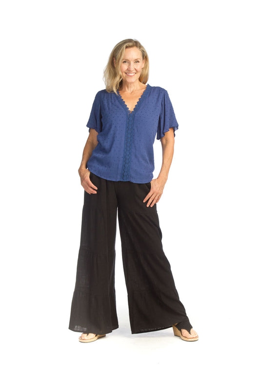 PP14828 BLACK Tiered Elastic Waist Pants with Pockets