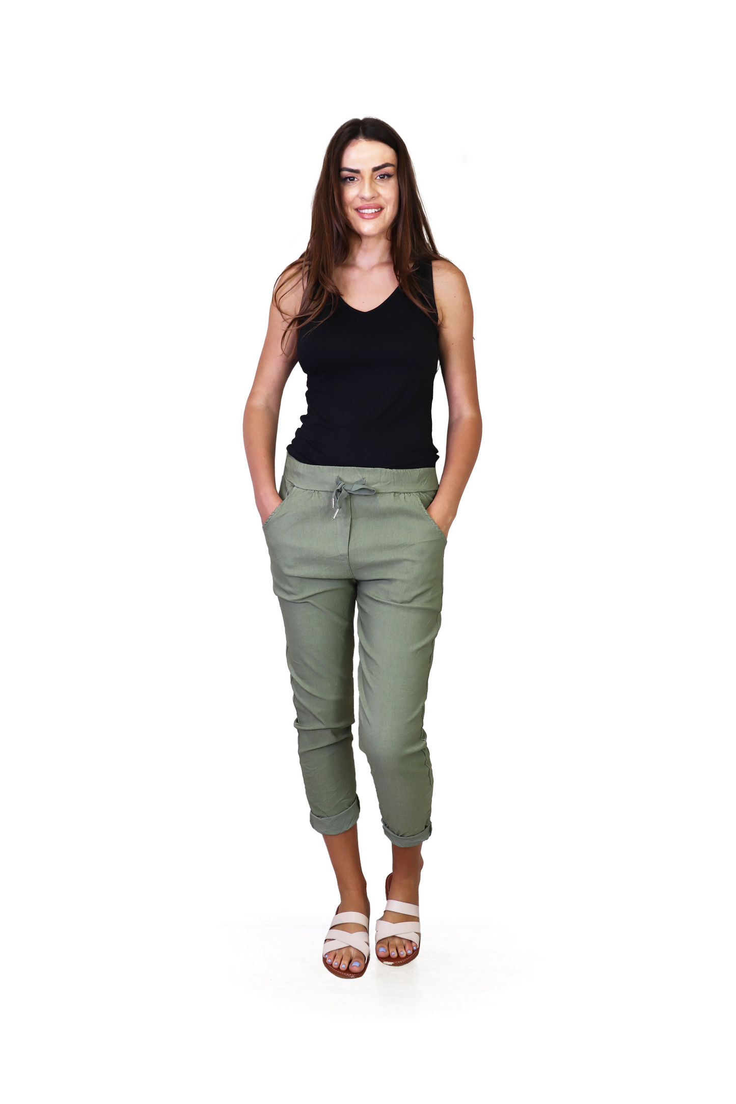 PP16816 KHAKI Crinkle Joggers with Drawstring Waist