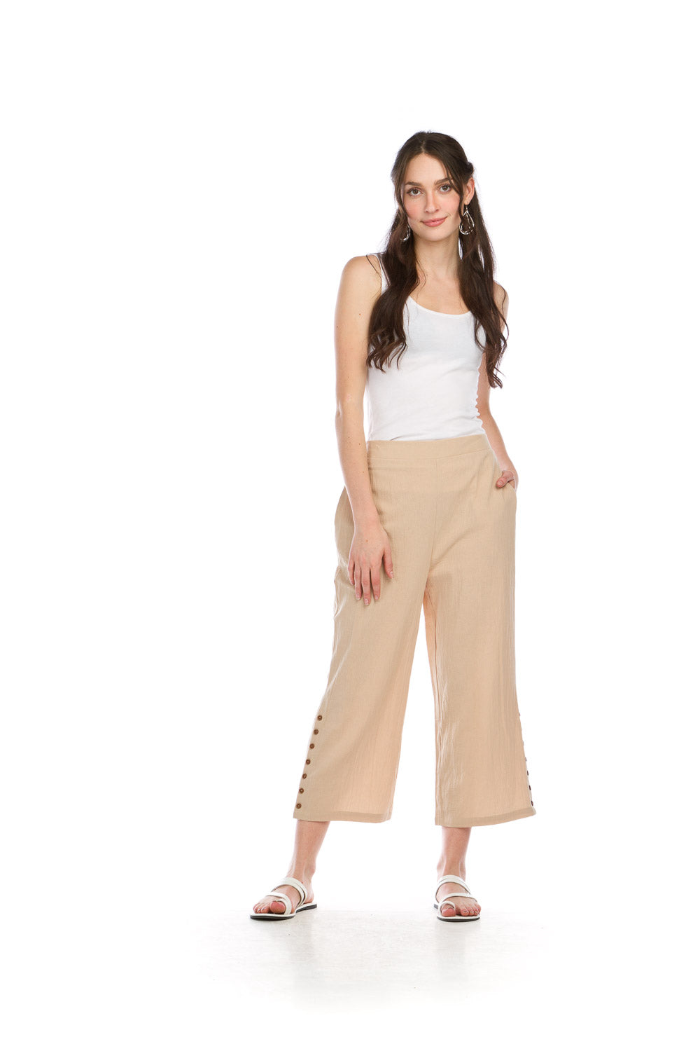 PP16819 STONE Cotton Wide Leg Pants with Side Button Detail