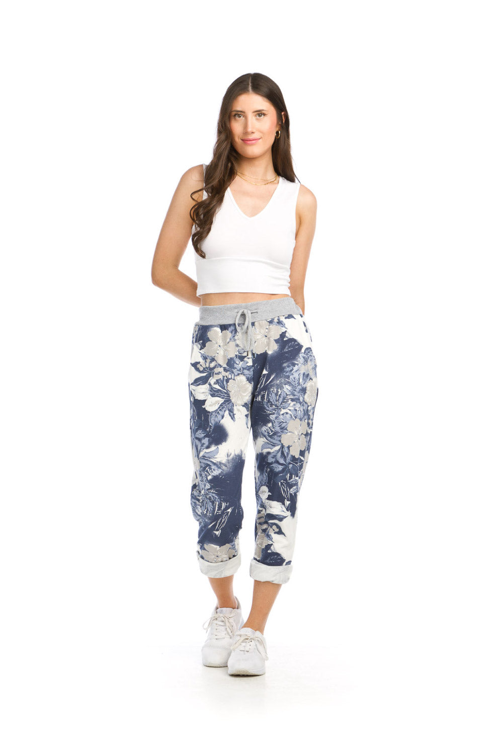 PP16822 BLUE Floral Tie dye Stretch Cotton Blend Pants