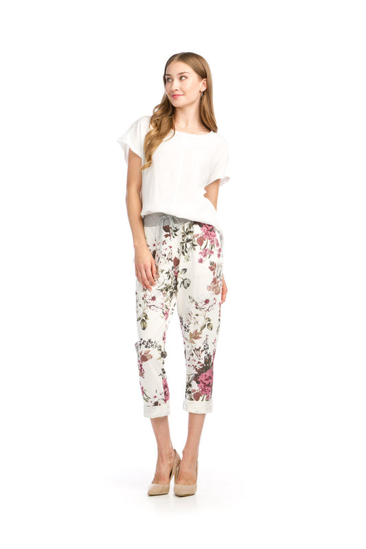 PP16824 PINK Floral Stretch Cotton Blend Pants w Elastic Waist