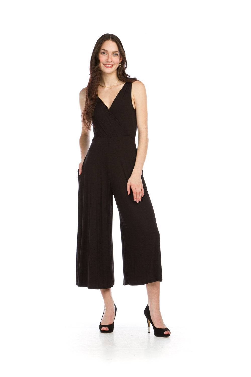 PP16833 BLACK Stretch Crossover Jumpsuit with Pockets