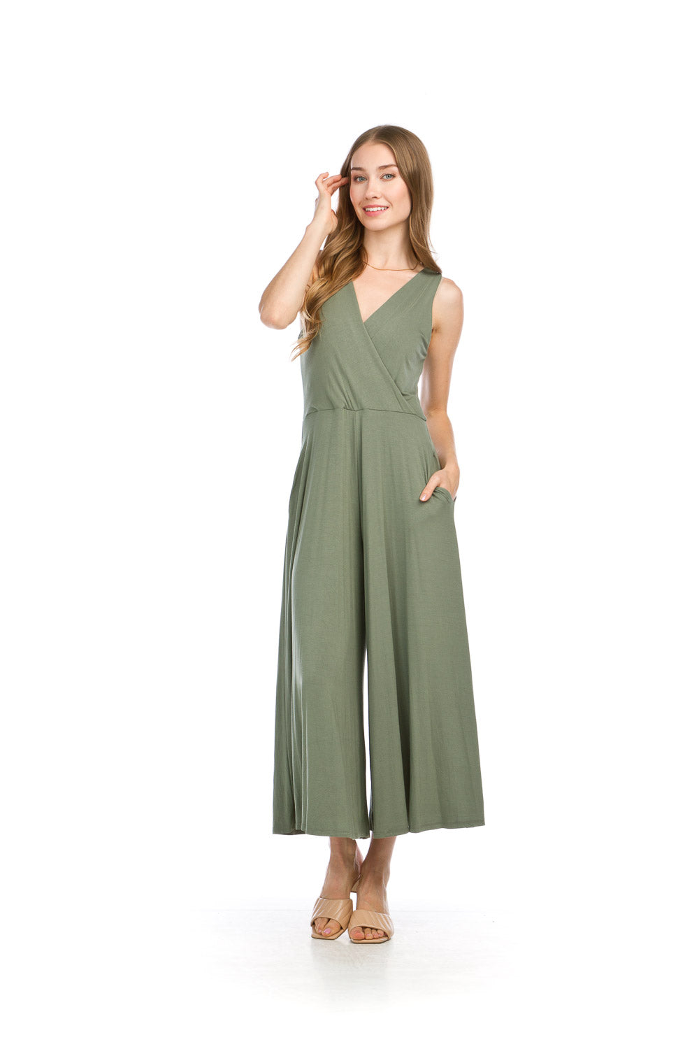 PP16833 OLIVE Stretch Crossover Jumpsuit with Pockets