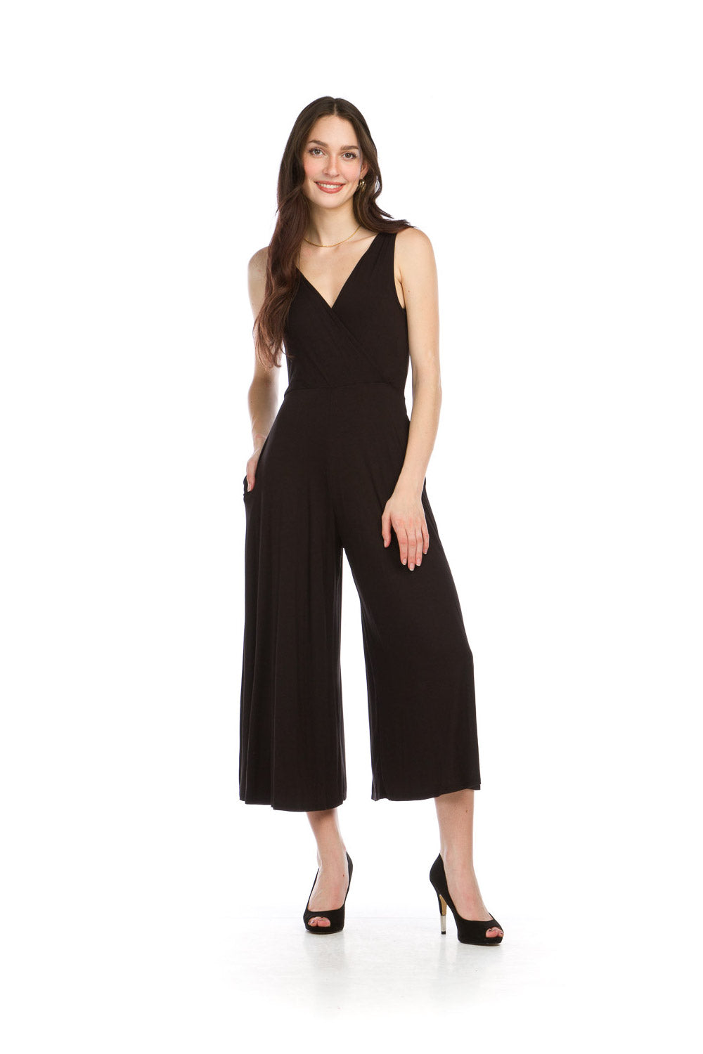 PP16833 BLACK Stretch Crossover Jumpsuit with Pockets