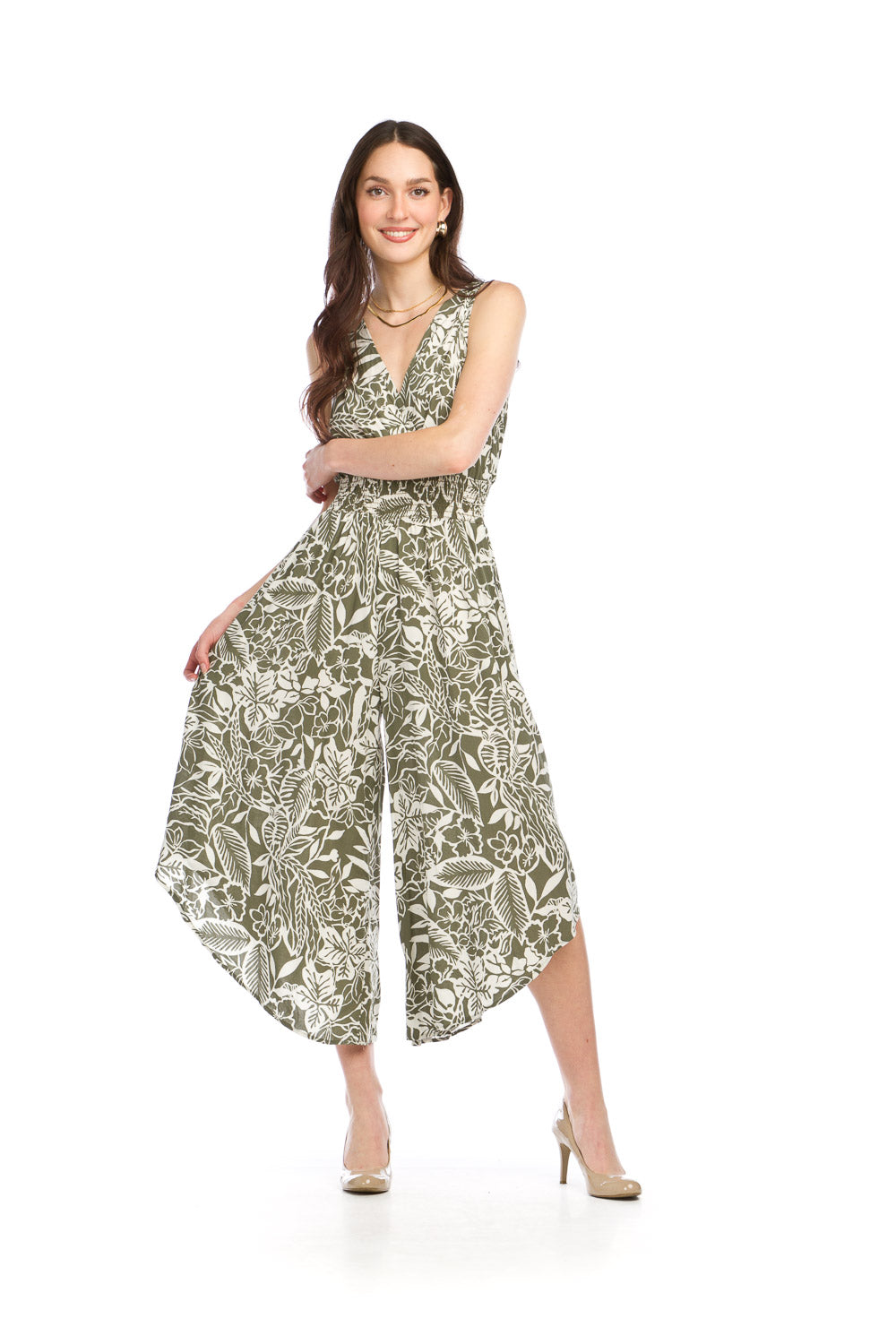 PP16834 OLIVE Floral Crosover Jumpsuit w Pockets & Elastic Waist