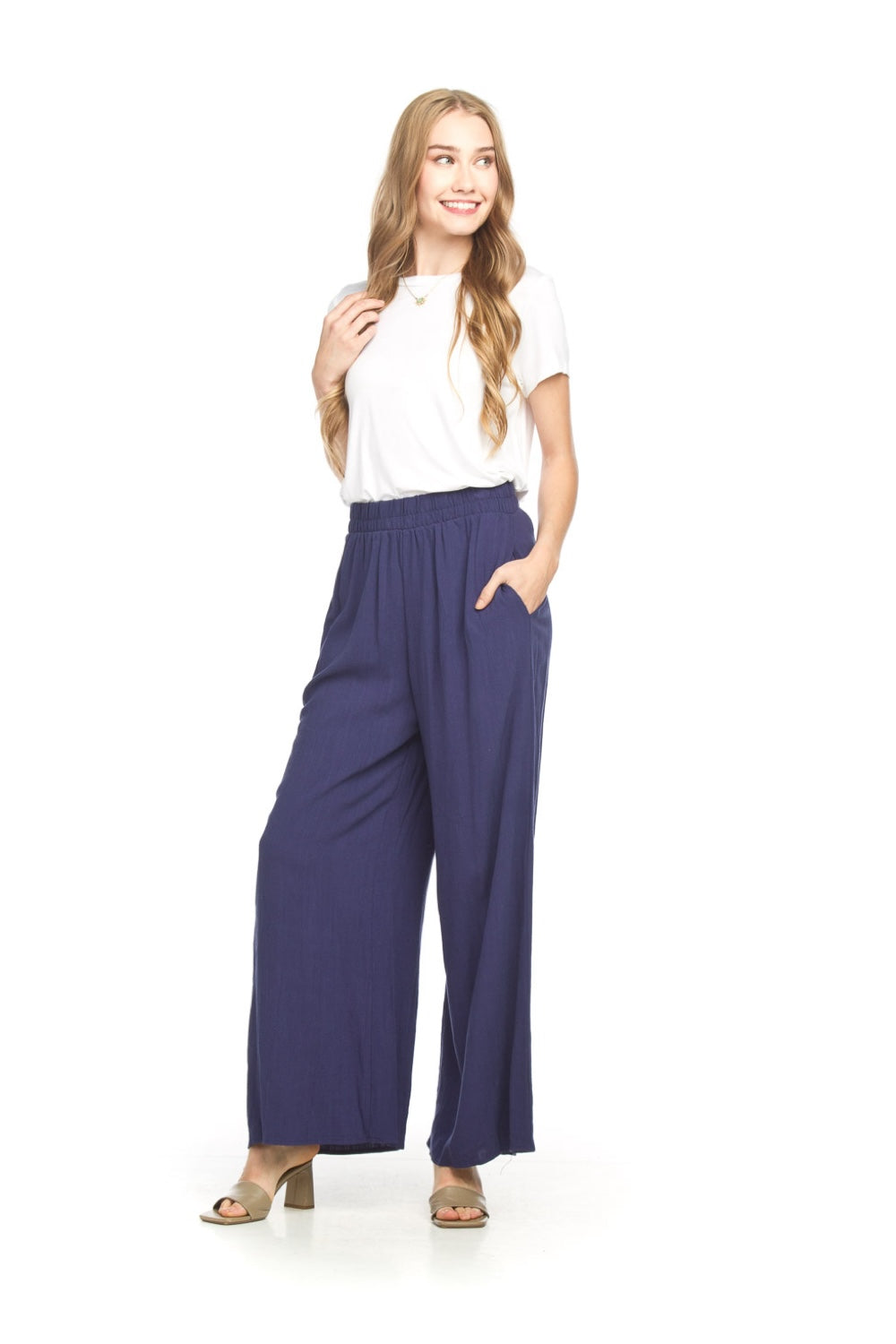 PP16838 NAVY Linen Blend Wide Leg Pants