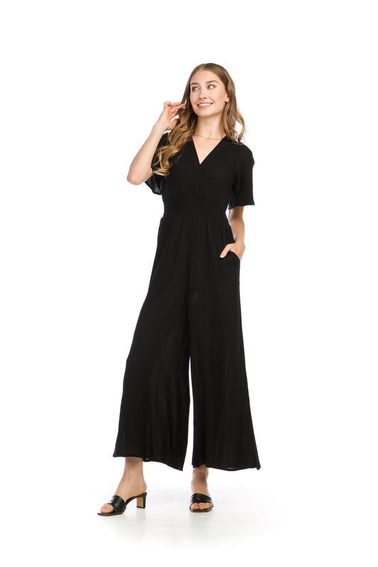PP16844 BLACK Crinkle Short Sleeve Jumpsuit with Elastic Waist &