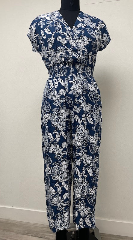 PP16849 NAVY Floral Short Sleeve Jumpsuit with Elastic Waist