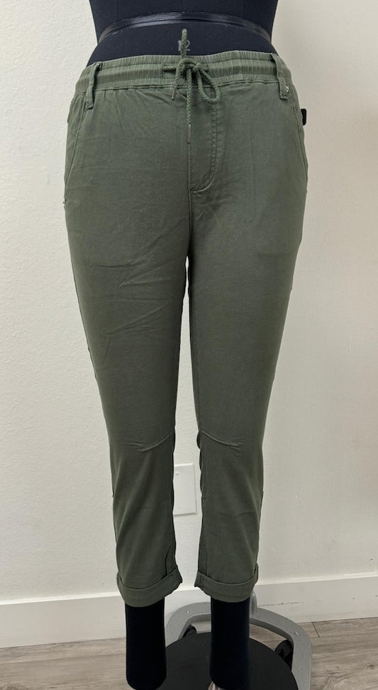 PP18802 KHAKI Cotton Blend Pants with Elastic Waist and Pockets