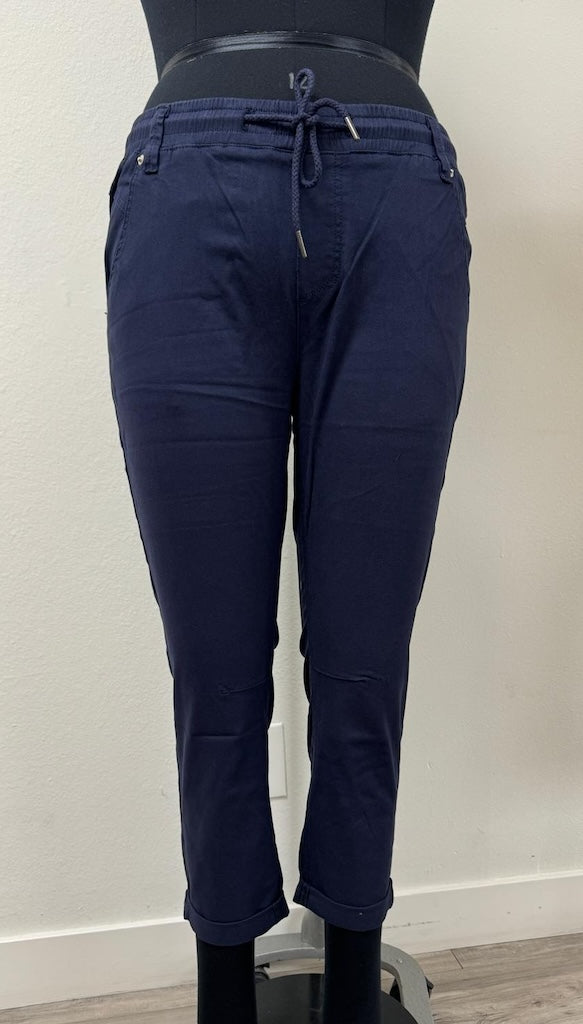 PP18802 NAVY Cotton Blend Pants with Elastic Waist and Pockets