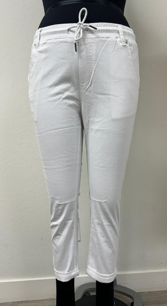 PP18802 WHITE Cotton Blend Pants with Elastic Waist and Pockets