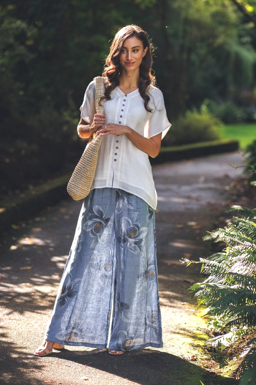 PP18806 DENIM Floral Linen Wide Leg w Elastic Waist & Pockets