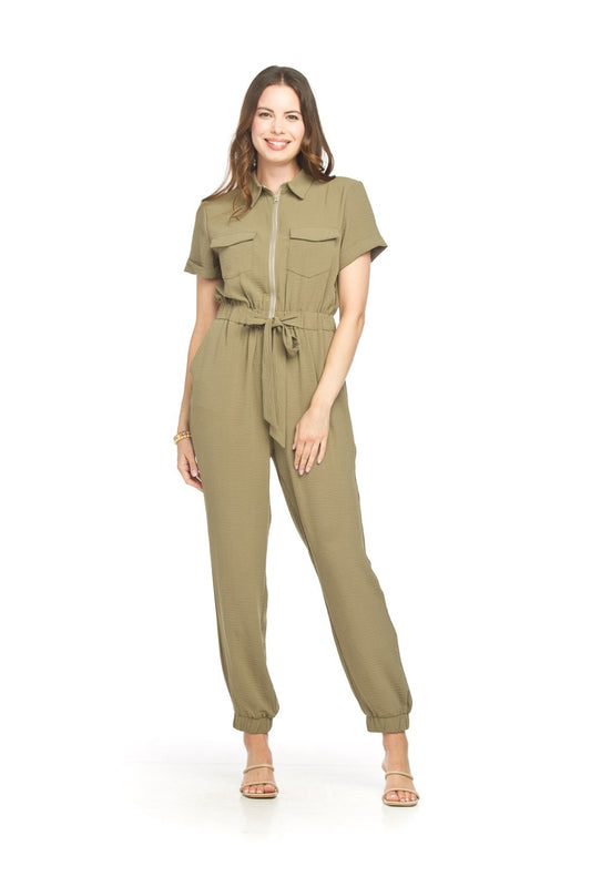 PP18809 KHAKI Short sleeve jogger bottom jumpsuit