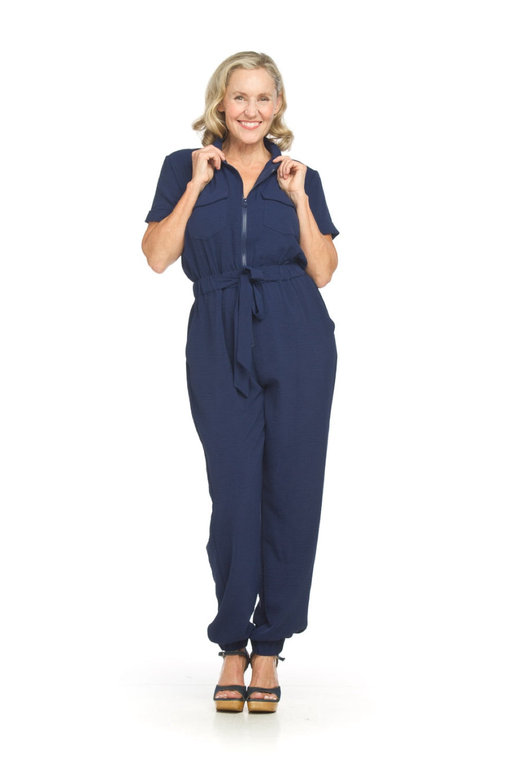 PP18809 NAVY Short sleeve jogger bottom jumpsuit