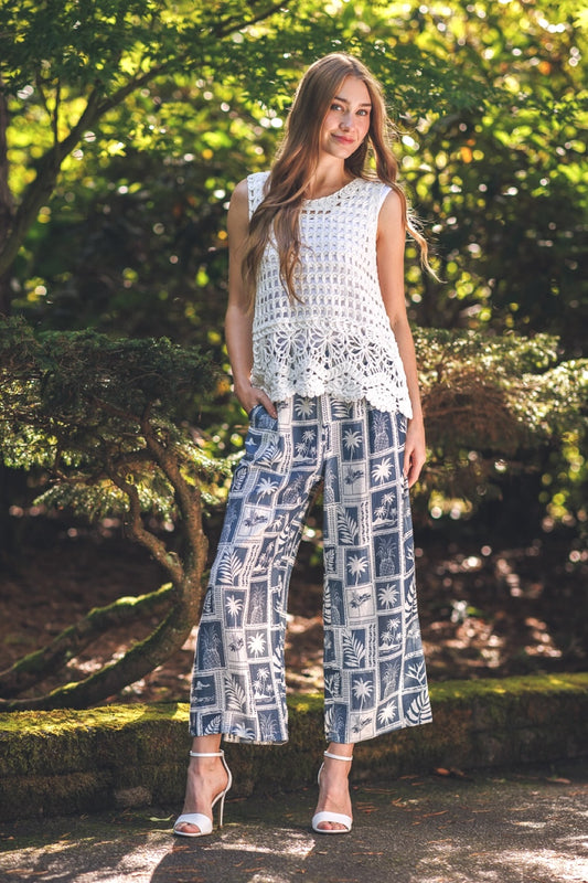 PP18812 BLUE Tropical Print Linen Blend Pants