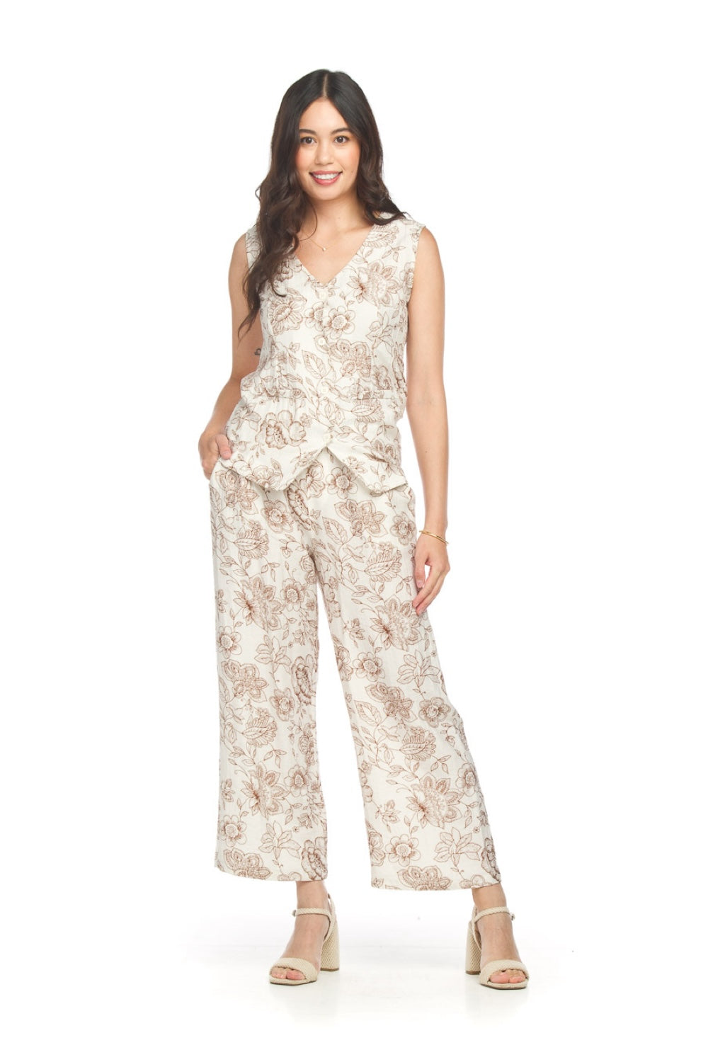 PP18814 BROWN Tropical Print Linen Blend Pants