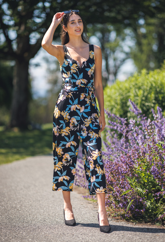 PP18817 BLACK Floral Stretch Jumpsuit with V Boning & Pockets