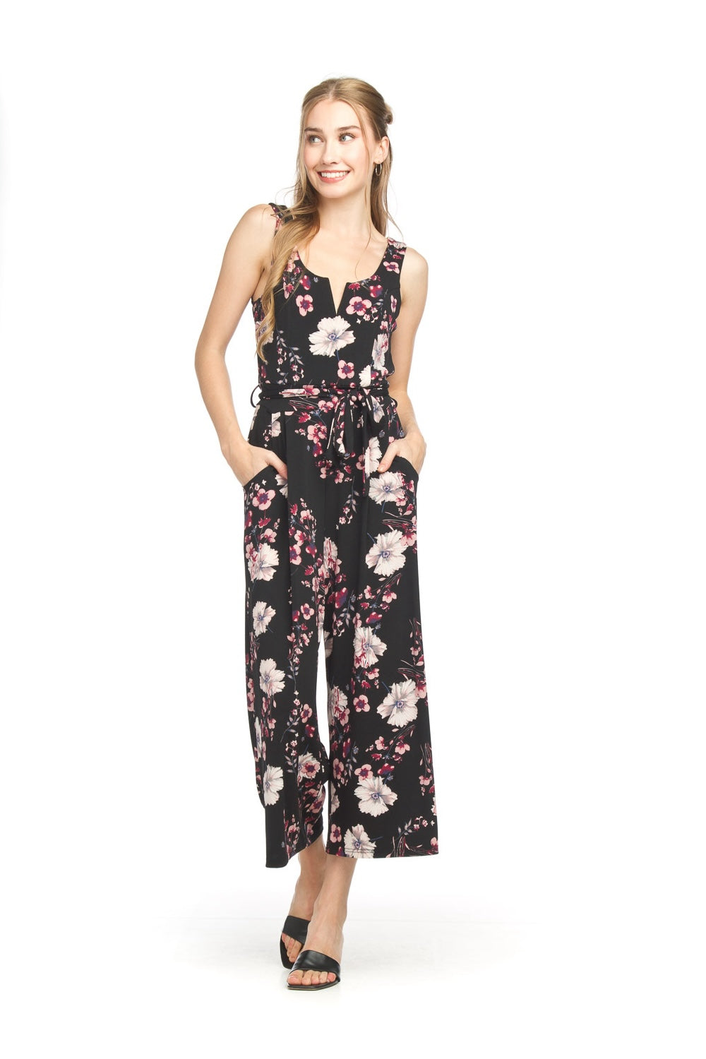 PP18818 BLACK Floral Stretch Jumpsuit with V Boning & Pockets