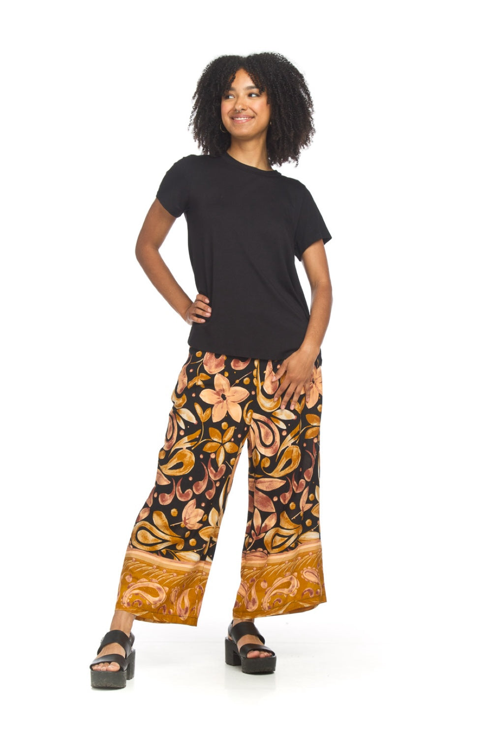 PP18820 RUST Floral Border Print Pants w Elastic Back & Pokcets