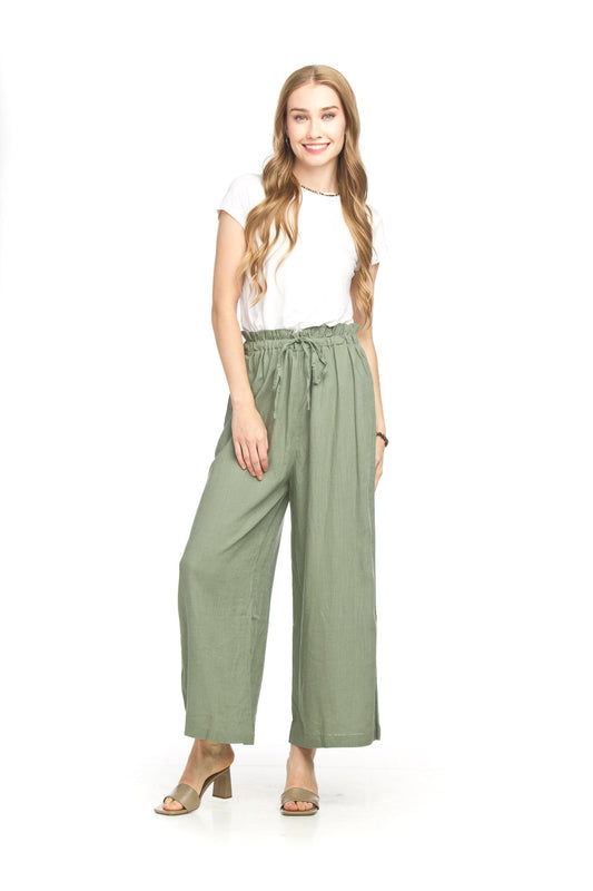 PP18821 KHAKI Linen Blend Wide Leg Pants with Elastic Waist