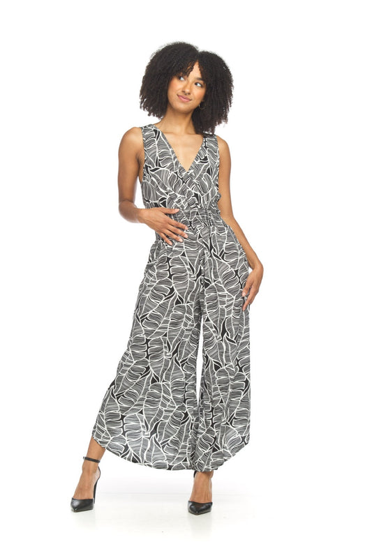 PP18825 BLACK Printed Sleeveless Wrap Top Wide Leg Jumpsuit