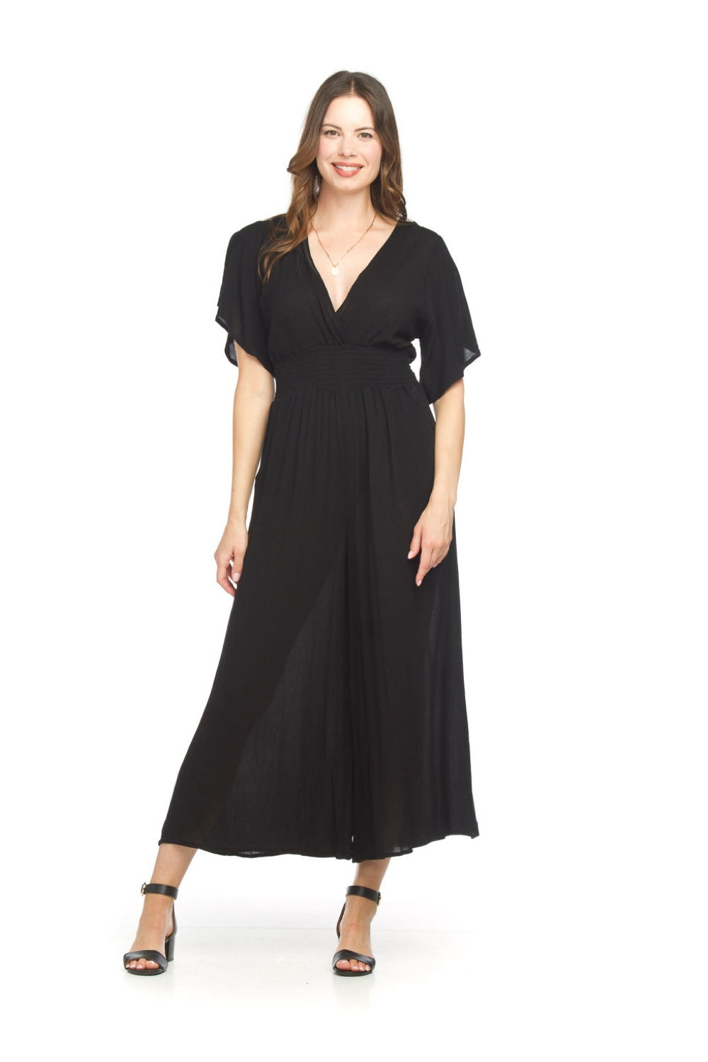 PP18828 BLACK Short Sleeve Wrap Top Wide Leg Jumpsuit